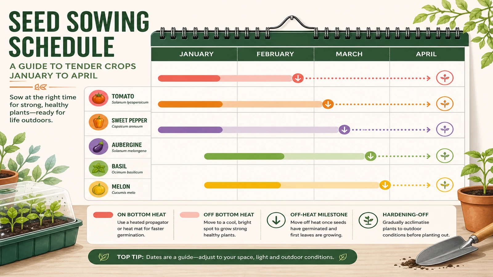 UK seed sowing calendar heat mat: month-by-month tender crops, set-points and off-heat timing